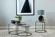 Large grey faux marble round coffee table with gunmetal frame