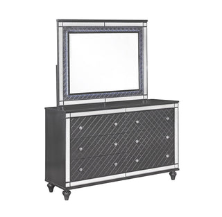 Refino modern gray dresser with six drawers and faux crystal accents, front view