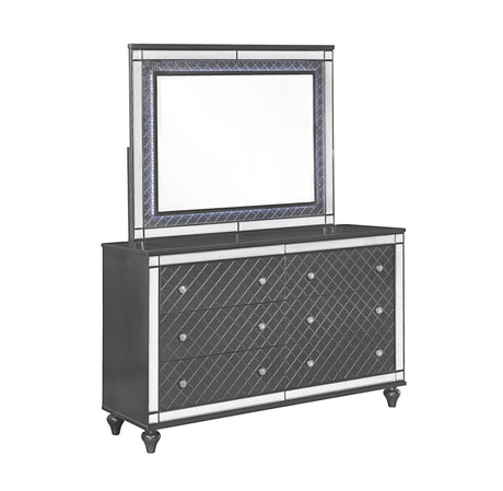 Refino modern gray dresser with six drawers and faux crystal accents, front view