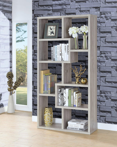 Theo 10-Shelf Bookcase in grey driftwood, angled front view