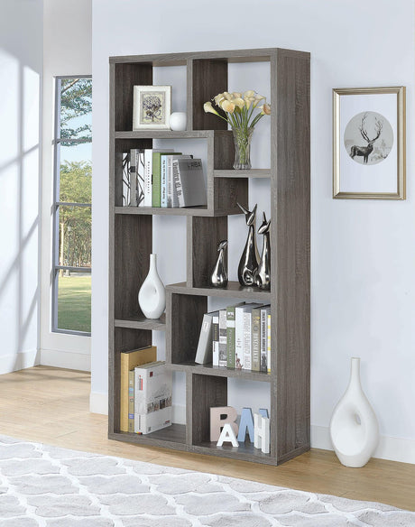 Theo 10-Shelf Bookcase in Weathered Grey, front angle
