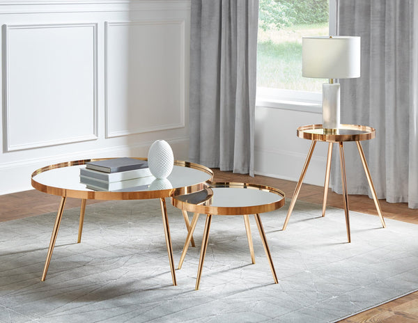 Kaelyn 2-piece nesting coffee tables with gold metal frames and mirrored tops, front angle