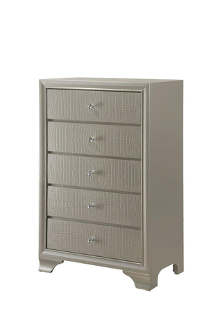 Front view of Lyssa champagne 5-drawer chest with nickel knobs
