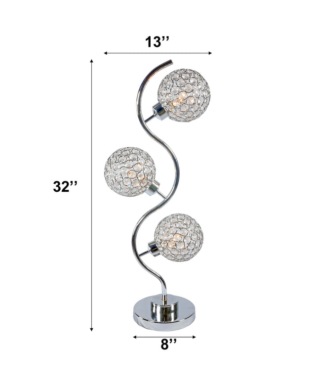 Front view of Silver Metak Crystal 3 Modern Globe Table Lamp showcasing glass globe design
