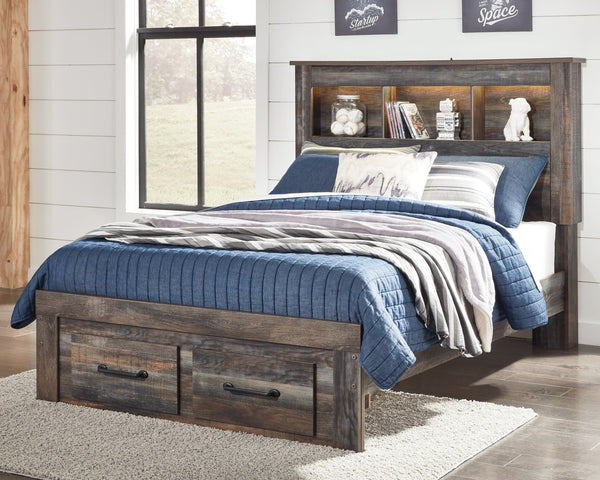 Drystan full multi finish bookcase bed with two storage drawers front view