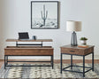 Byers coffee table with lift-top and hidden storage in brown oak and sandy black, front angle