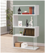 Emelle 4-tier white and clear bookcase front view with geometric shelves
