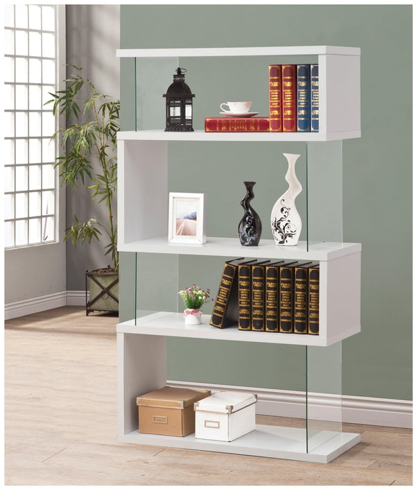Emelle 4-tier white and clear bookcase front view with geometric shelves