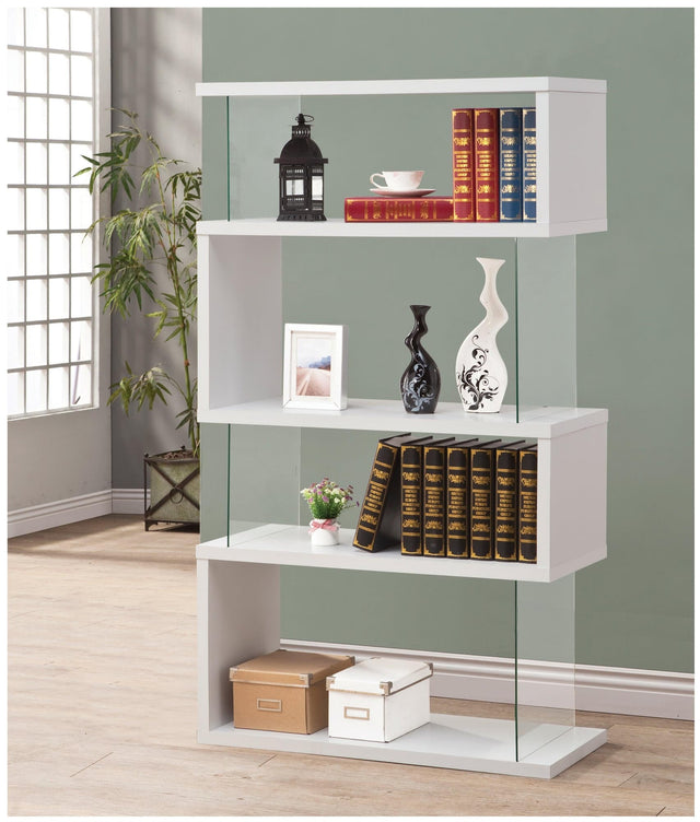 Emelle 4-tier white and clear bookcase front view with geometric shelves