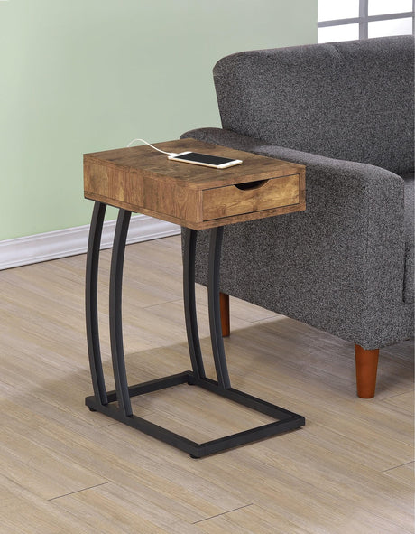 Troy Accent Table front view showing single drawer and antique nutmeg finish