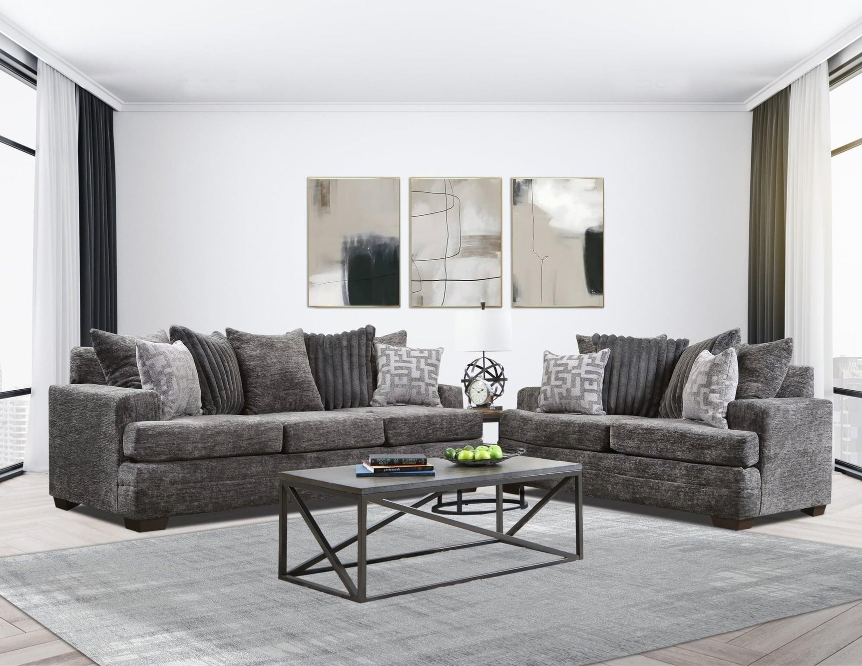 Flow Charcoal fabric sofa and loveseat set main view