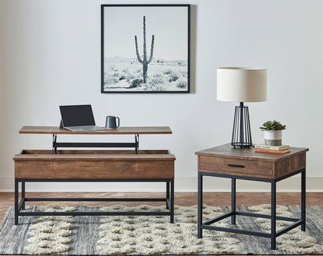 Byers Square 1-Drawer End Table front view with brown oak top and black metal legs