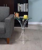 Front view of Emmett Clear Round Accent Table with glass top