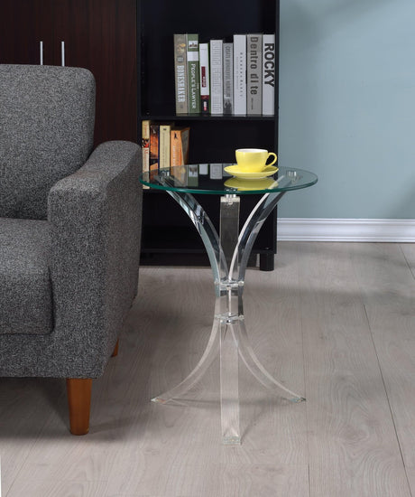 Front view of Emmett Clear Round Accent Table with glass top