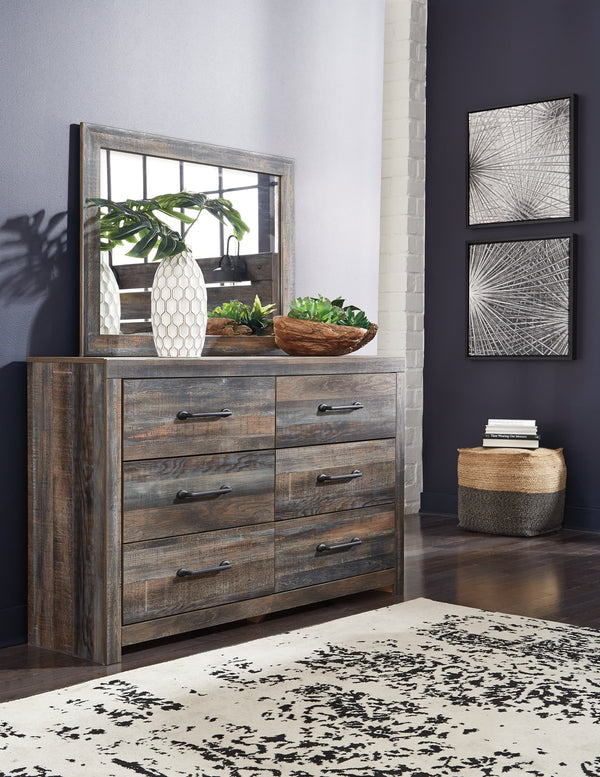 Front view of Drystan dresser with six drawers and attached mirror