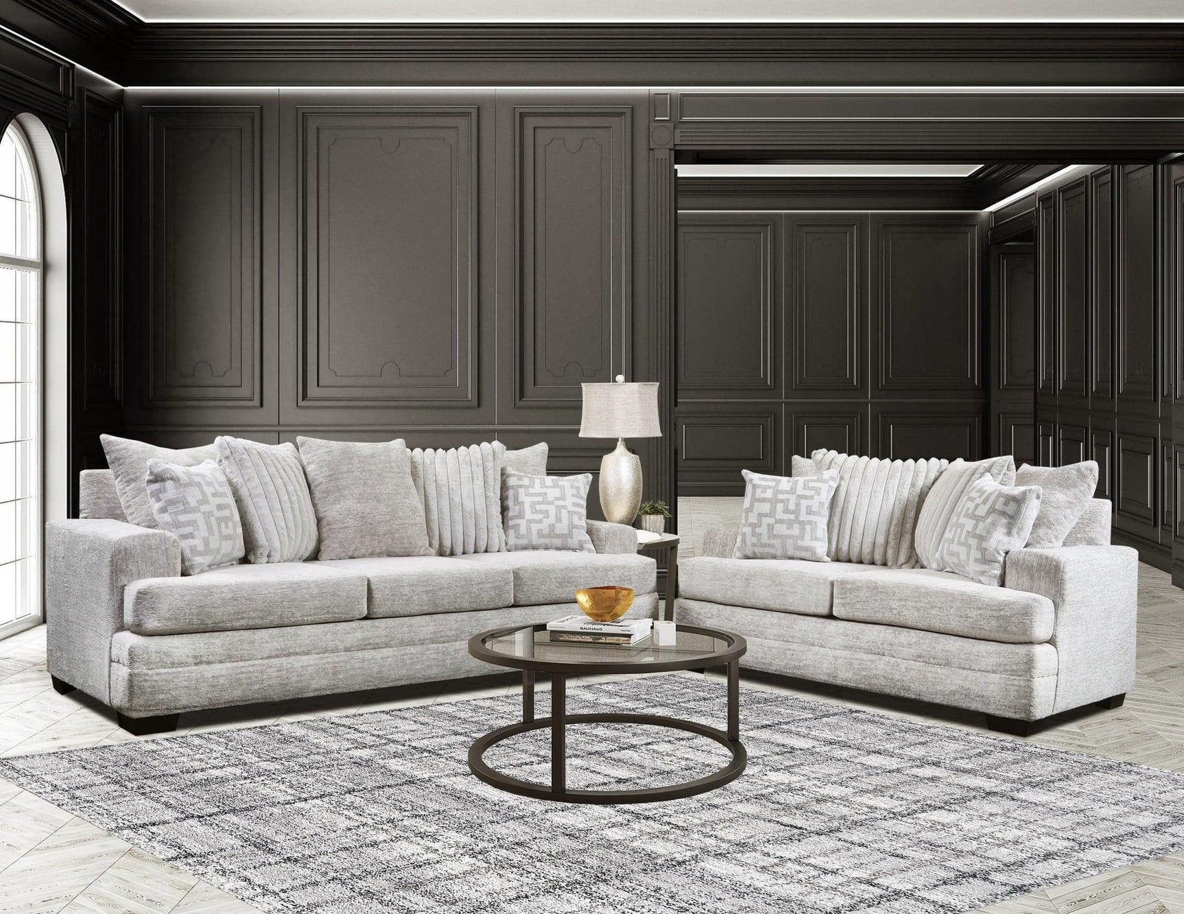 Main view of Flow Oyster sofa and loveseat set in oyster fabric