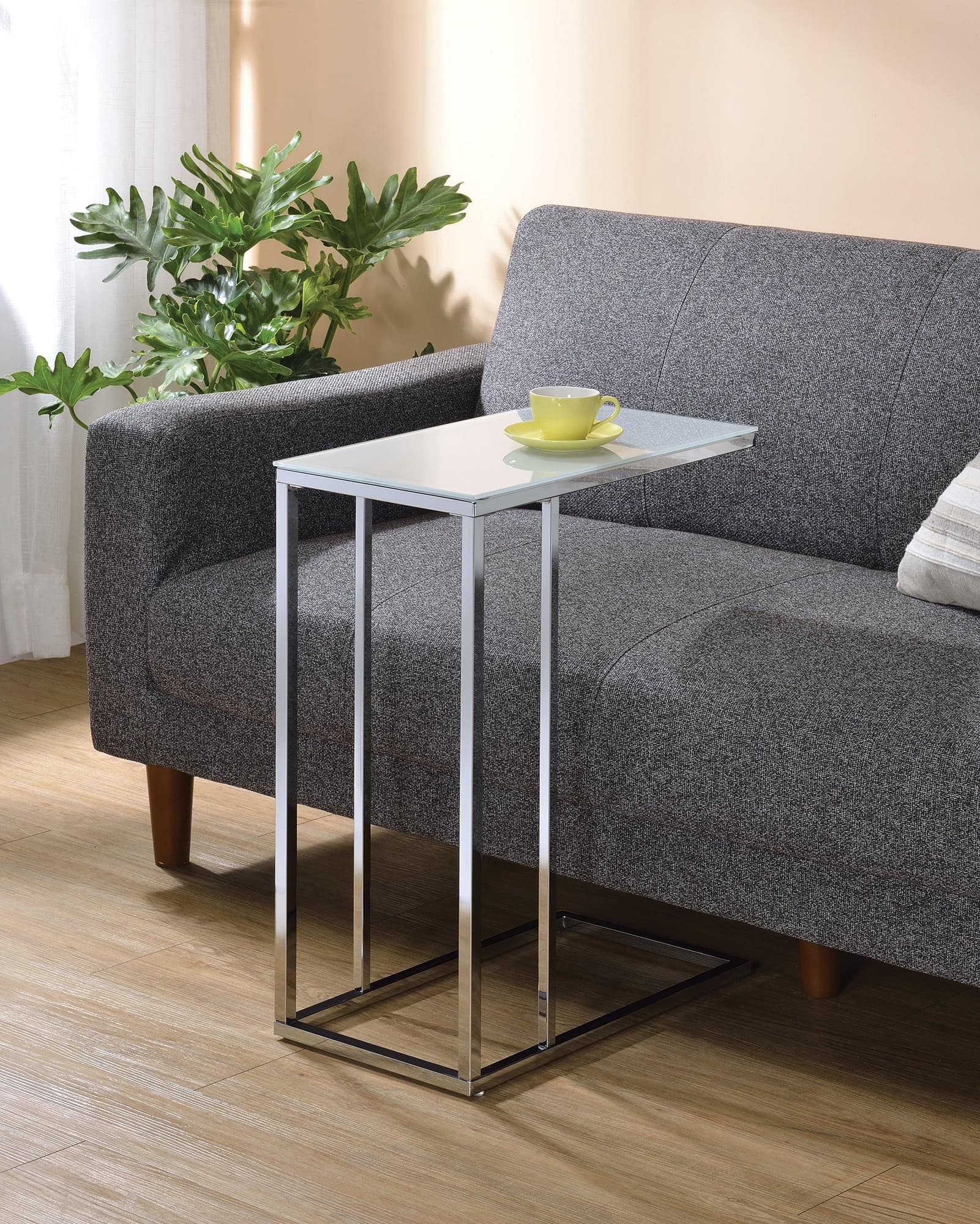 Stella Glass Top Accent Table with White Tempered Glass and Chrome Base, front view