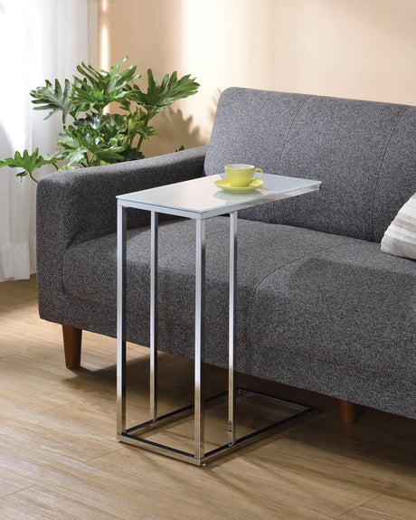 Stella Glass Top Accent Table with White Tempered Glass and Chrome Base, front view