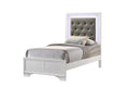 Lyssa Frost faux leather tufted twin bed front view with LED lit headboard