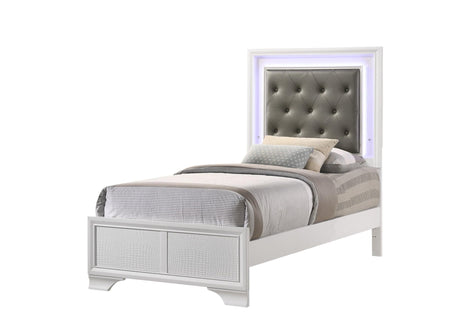 Lyssa Frost faux leather tufted twin bed front view with LED lit headboard