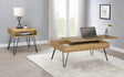 Fanning Square End Table with golden oak top and black metal legs, front view