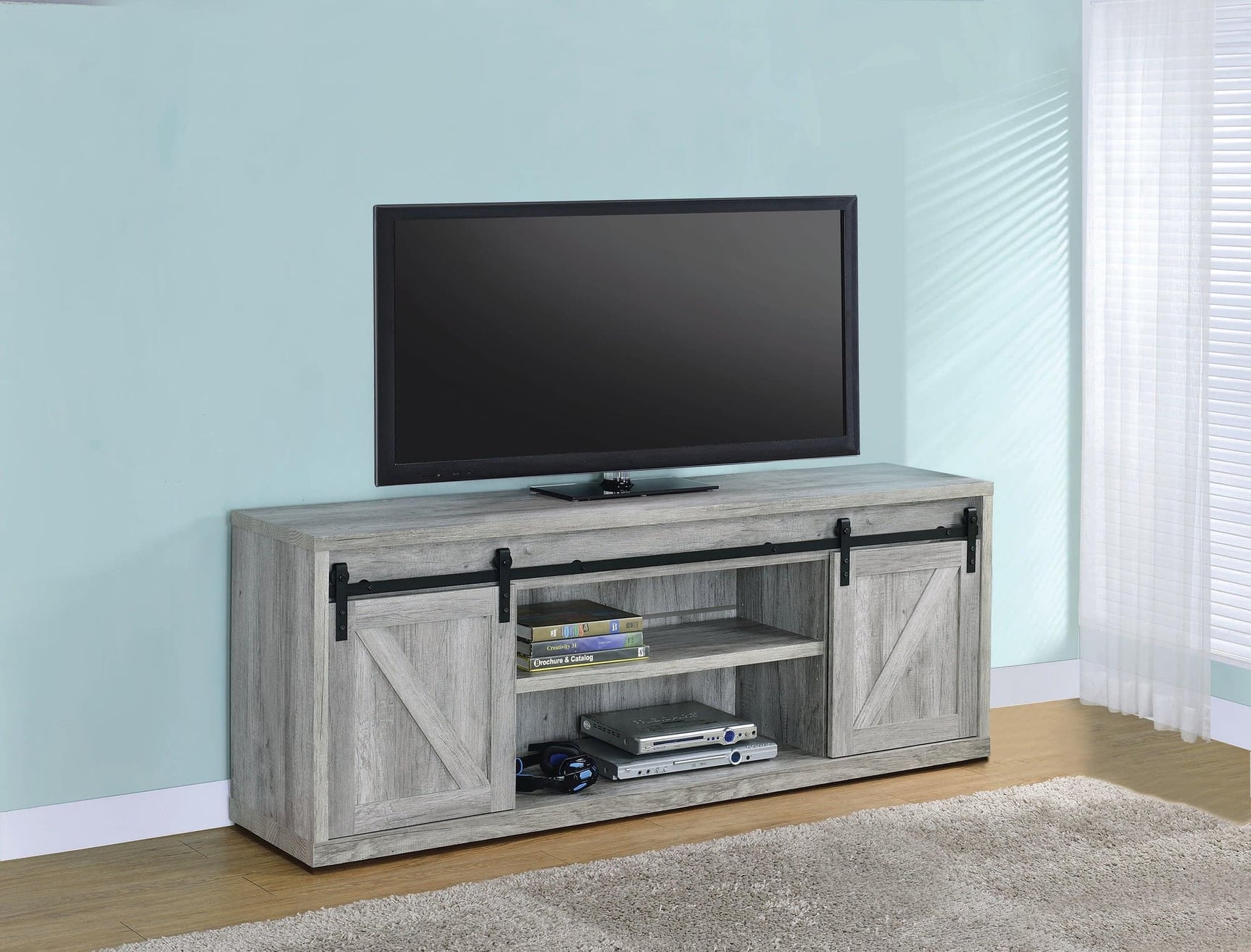 Brockton 71-inch Grey Driftwood TV Console front angle