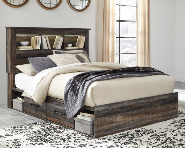 Drystan Multi Queen Bookcase Bed front view highlighting bookcase headboard with LED lighting