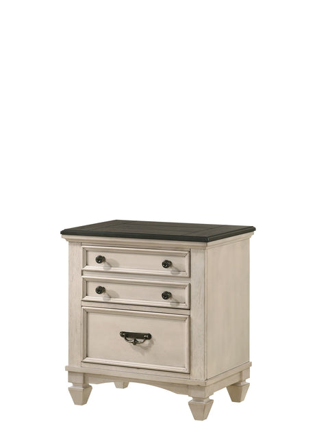 Sawyer Night Stand front view with three drawers in cream and brown finish