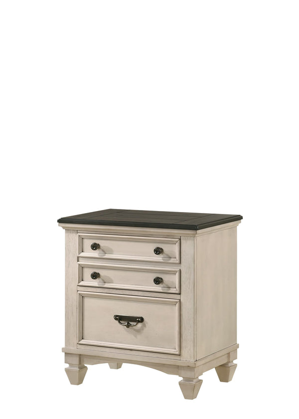 Sawyer Night Stand front view with three drawers in cream and brown finish
