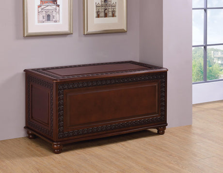Front view of Finlay Flip-Top Cedar Chest in deep tobacco finish