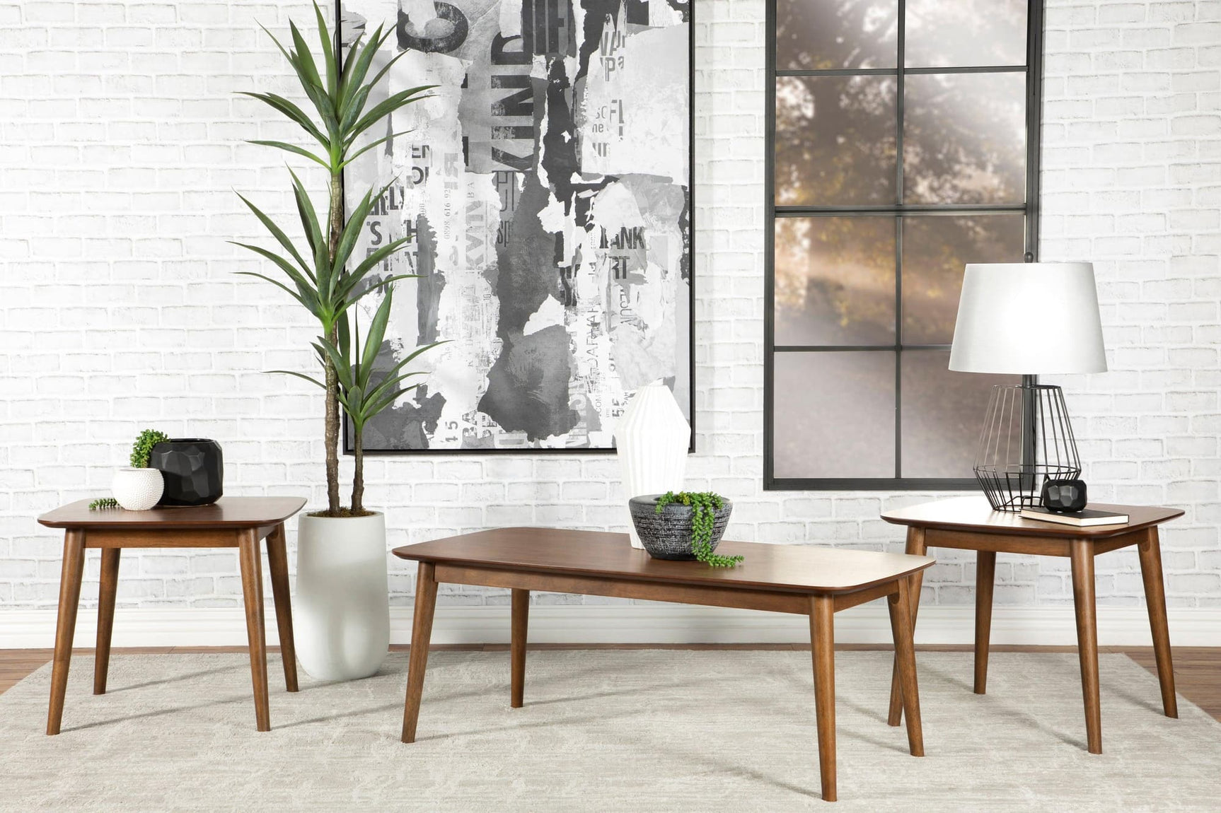 Radley 3-piece occasional set in natural walnut angle view showing coffee table and one end table