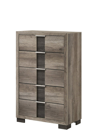 Rangley Gray 5-drawer Chest front view showing drawer layout