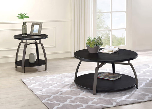 Dacre Round Coffee Table dark grey top with black nickel angled metal legs, front view
