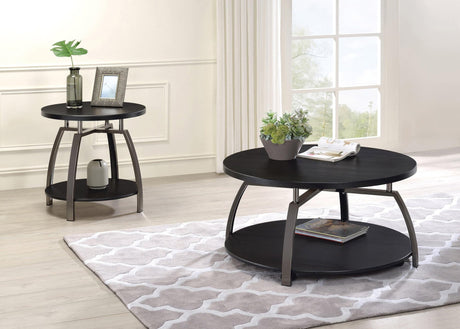 Dacre round end table dark grey top and black nickel base front view