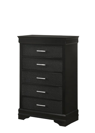 Amalia Black 5-Drawer Chest with modern veneers and wood, front view
