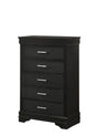 Amalia Black 5-Drawer Chest with modern veneers and wood, front view