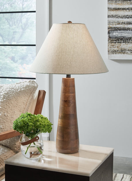 Danset honey brown wood table lamp, front view