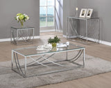 Lille glass top square end table front angle with chrome accents