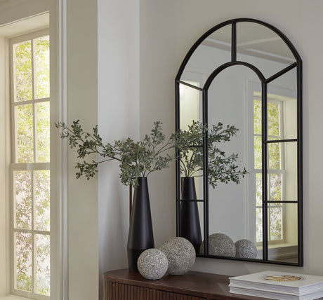 Evengton Black Metal Accent Mirror, front angled view