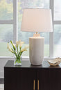Cylener ceramic table lamp with off-white shade front view