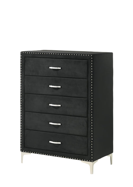 Lucinda Black 5-Drawer Chest front angle showing drawers
