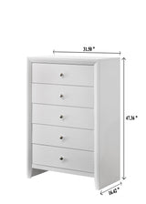 Evan white 5-drawer chest front view with nickel knobs