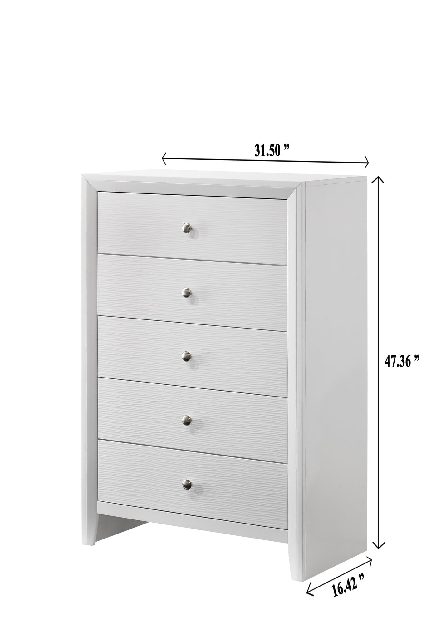 Evan white 5-drawer chest front view with nickel knobs