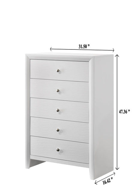 Evan white 5-drawer chest front view with nickel knobs