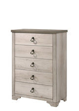 Patterson Chest in driftwood finish front view showing five drawers