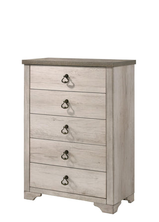 Patterson Chest in driftwood finish front view showing five drawers