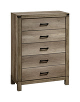 Front view of Matteo 5-drawer chest in black melamine with wood and metal accents