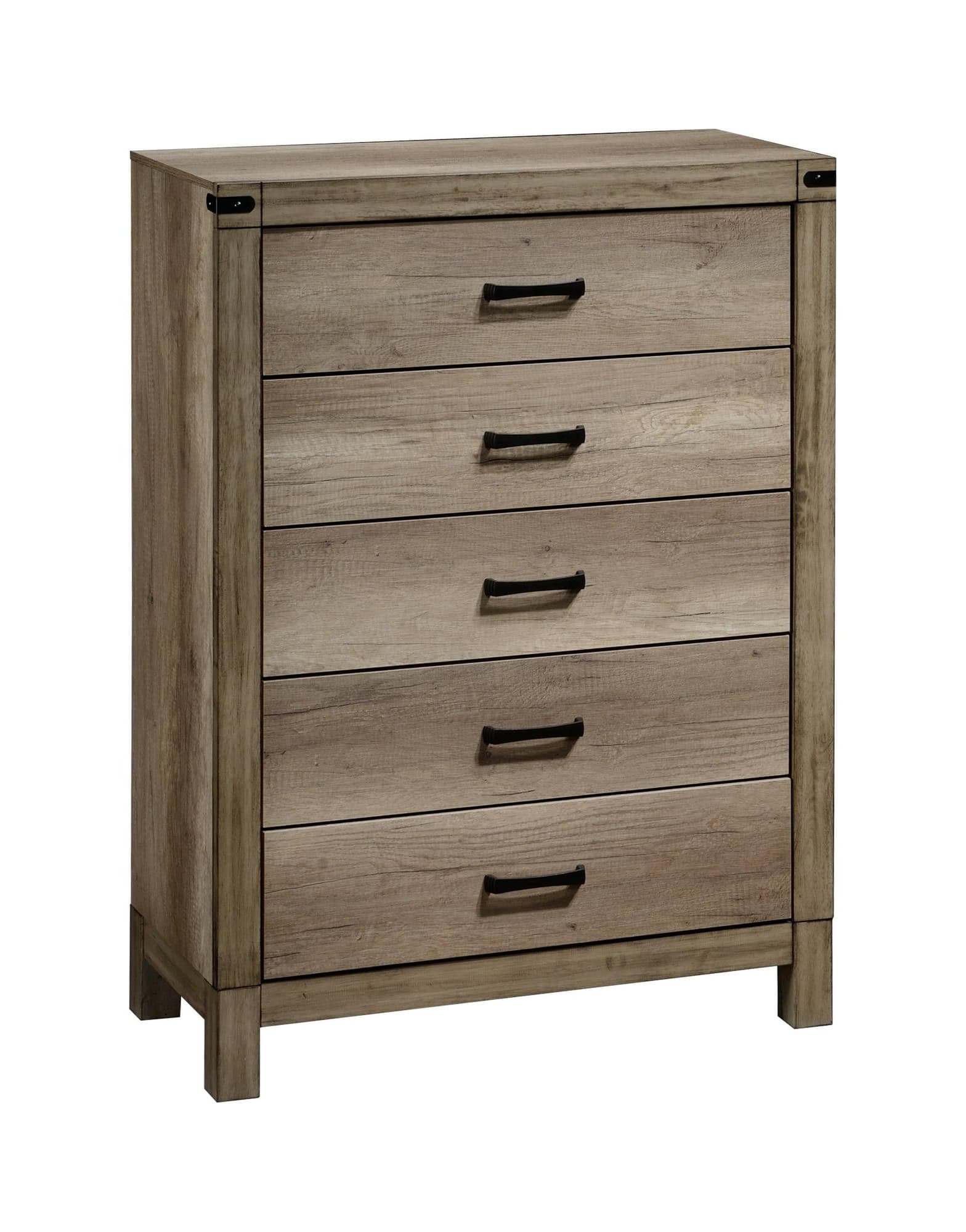 Front view of Matteo 5-drawer chest in black melamine with wood and metal accents