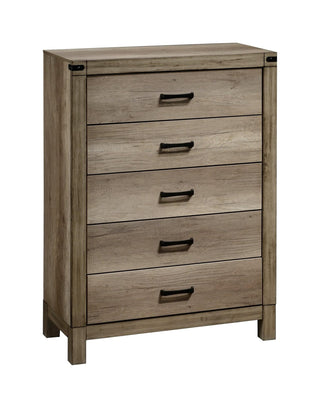 Front view of Matteo 5-drawer chest in black melamine with wood and metal accents