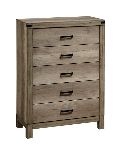 Front view of Matteo 5-drawer chest in black melamine with wood and metal accents